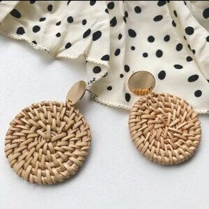 Round Circle Rattan Woven Earrings Gold Tone Detail Boho Coastal Cowgirl Simple